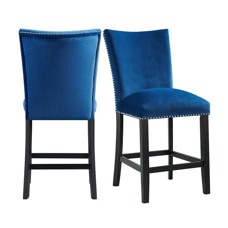 Velvet Blue Counter Height Chairs with Faux Marble Table